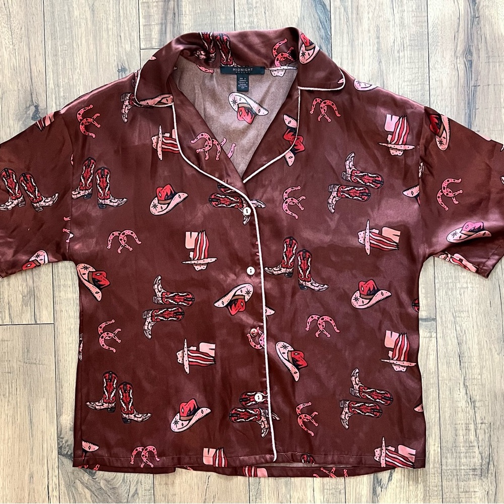 Midnight Bakery‎ S Howdy Print Pajama Top Button Up Satin Western Cowgirl